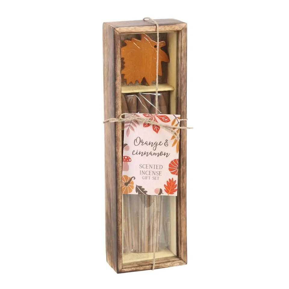 Set de Regalo de Incienso Otoñal: Naranja y Canela con Porta Incienso de Hoja - Esotergia Tienda