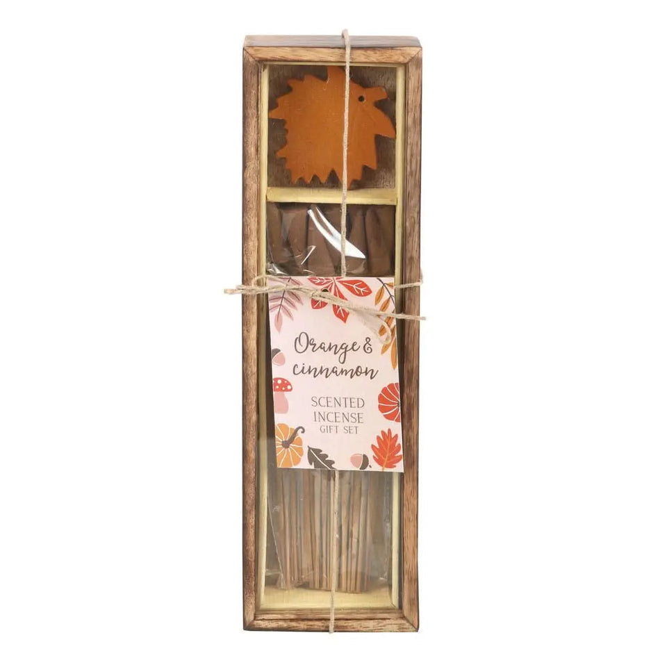 Set de Regalo de Incienso Otoñal: Naranja y Canela con Porta Incienso de Hoja - Esotergia Tienda