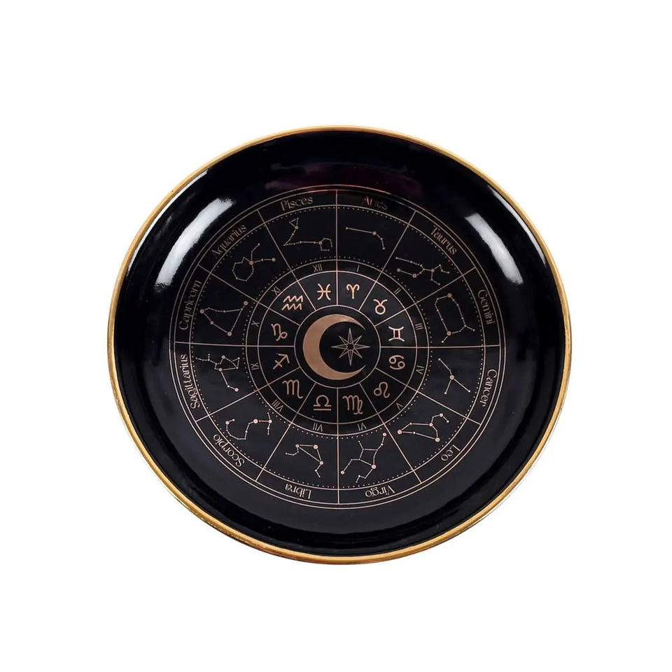 Plato/Bandeja Rueda Astrológica (Negro y Dorado) - Joyero, Altar y Decoración Esotérica Zodiaco Esotergia