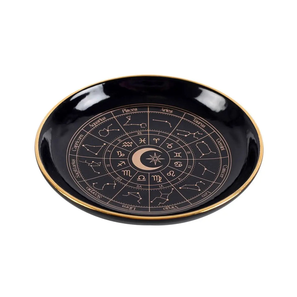 Plato/Bandeja Rueda Astrológica (Negro y Dorado) - Joyero, Altar y Decoración Esotérica Zodiaco Esotergia