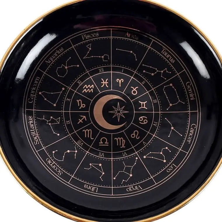 Plato/Bandeja Rueda Astrológica (Negro y Dorado) - Joyero, Altar y Decoración Esotérica Zodiaco Esotergia