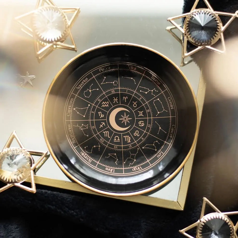Plato/Bandeja Rueda Astrológica (Negro y Dorado) - Joyero, Altar y Decoración Esotérica Zodiaco Esotergia