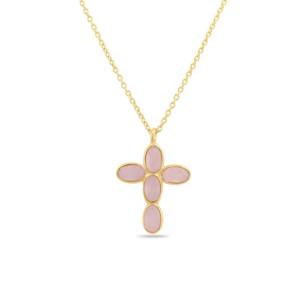 Collar Cruz de Cuarzo Rosa | Plata Ley 925 Baño Oro 18k - Esotergia Tienda