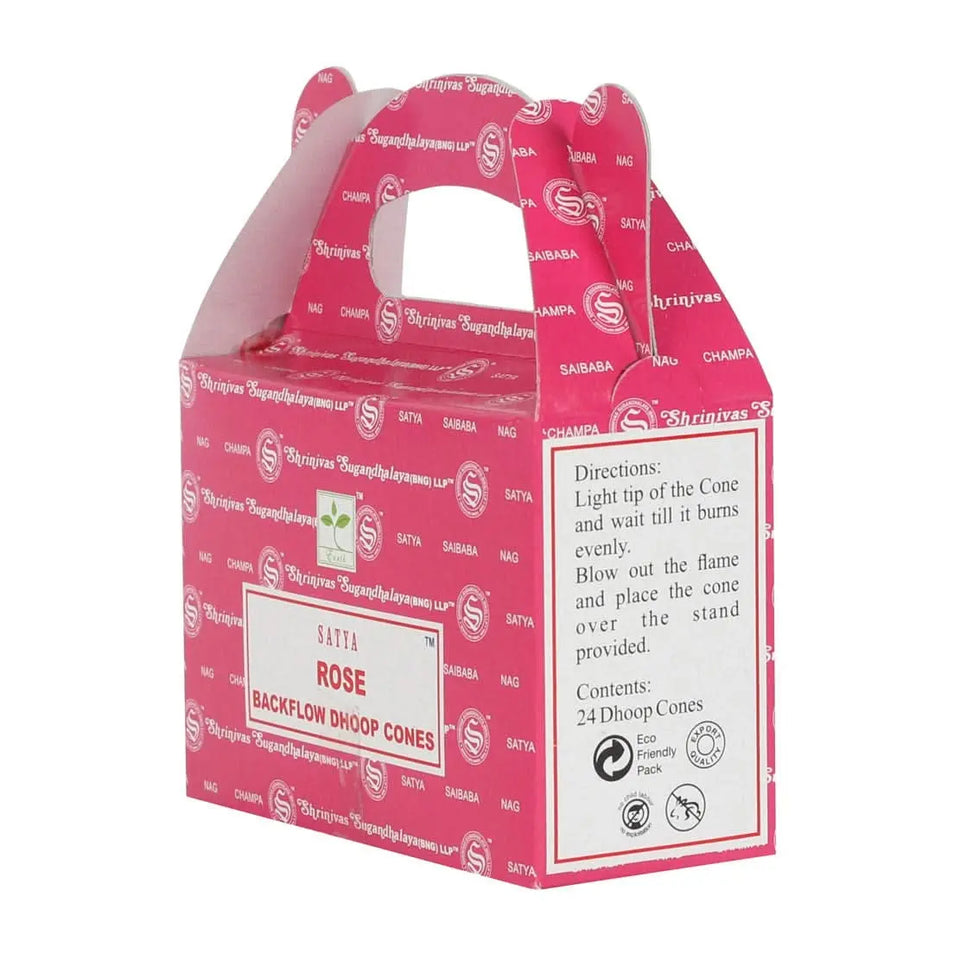 Conos de Incienso Reflujo ‘Rosas’ de Satya: Aroma Duradero y Relajación Profunda - Esotergia Tienda