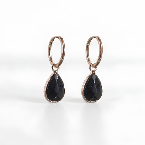 Pendientes Lágrima de Obsidiana Facetada y Acero Rosado | Protección y Enraizamiento Esotergia