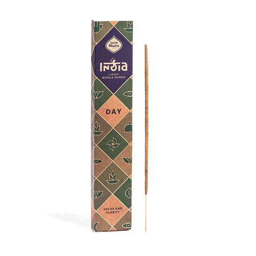 Incienso India Masala DÍA - Sahumerio Artesanal para Enfoque y Claridad con Aroma Fresco y Vigorizante (12 Varillas) Esotergia