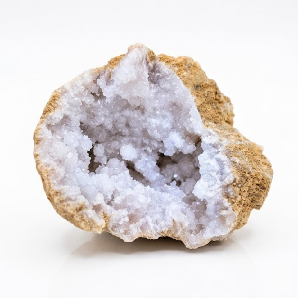 Geoda de cuarzo blanco natural en trozo con formación drusa de cristal de roca