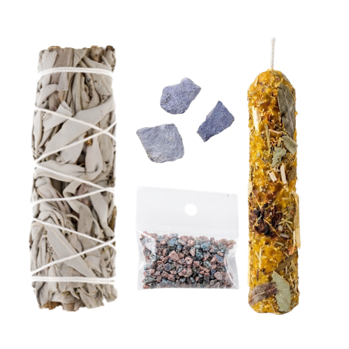 Kit Ritual Abre Caminos Completo (Vela de Miel Ritualizada, Sal Negra y Cuarzos) Esotergia