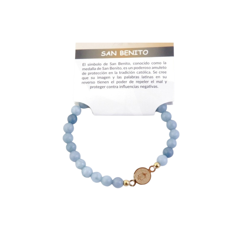 Pulsera de Cuarzo Azul (6mm) con Medalla San Benito Acero Dorado | Protección y Calma Espiritual Esotergia