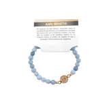 Pulsera de Cuarzo Azul (6mm) con Medalla San Benito Acero Dorado | Protección y Calma Espiritual Esotergia