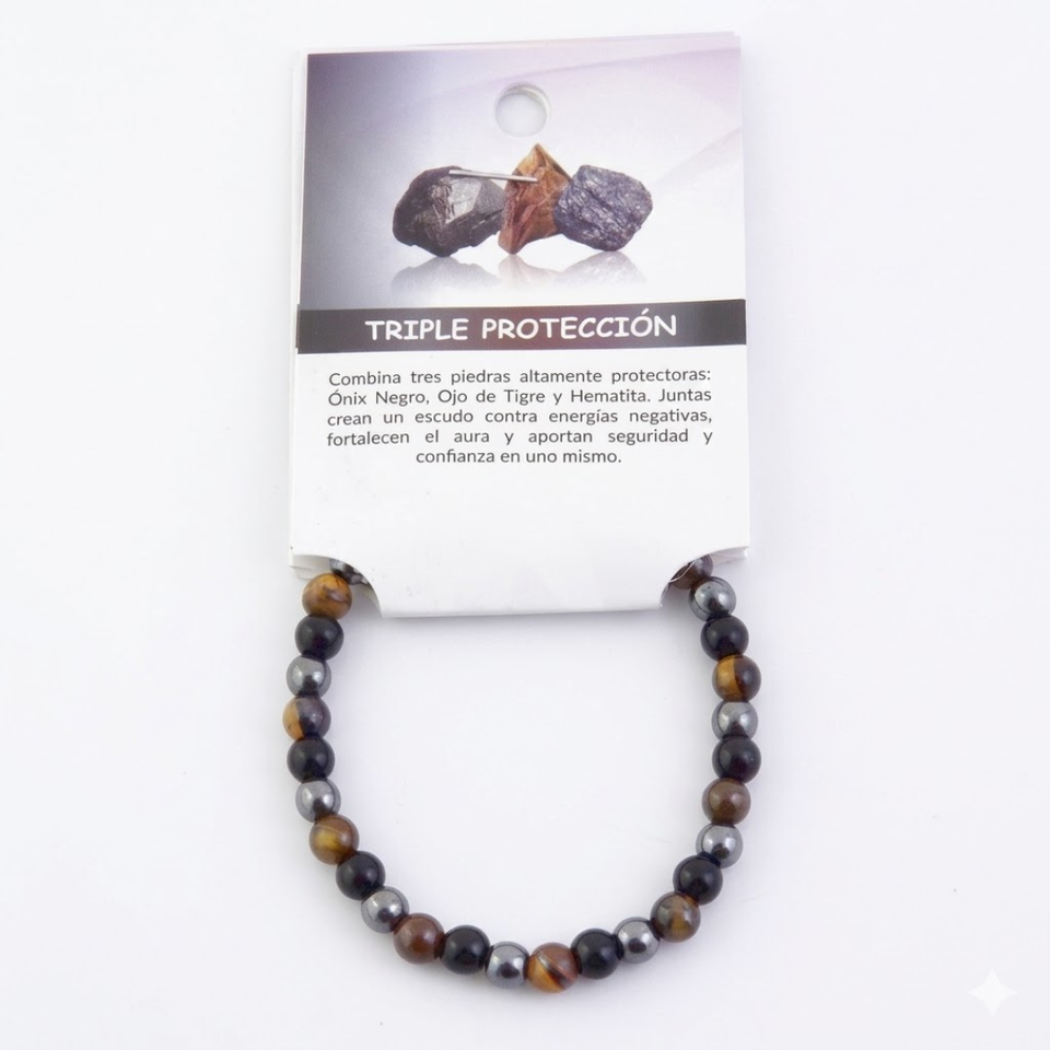 Pulsera Triple Protección (6mm, 8mm) | Ónix, Ojo de Tigre y Hematita | Escudo Energético Esotergia