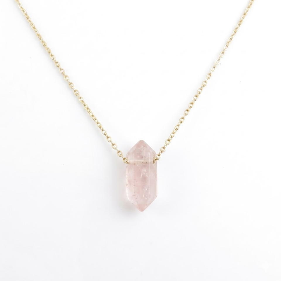 Collar Punta Doble Cuarzo Rosa (42+5cm) | Acero Inoxidable | Amor y Equilibrio Esotergia