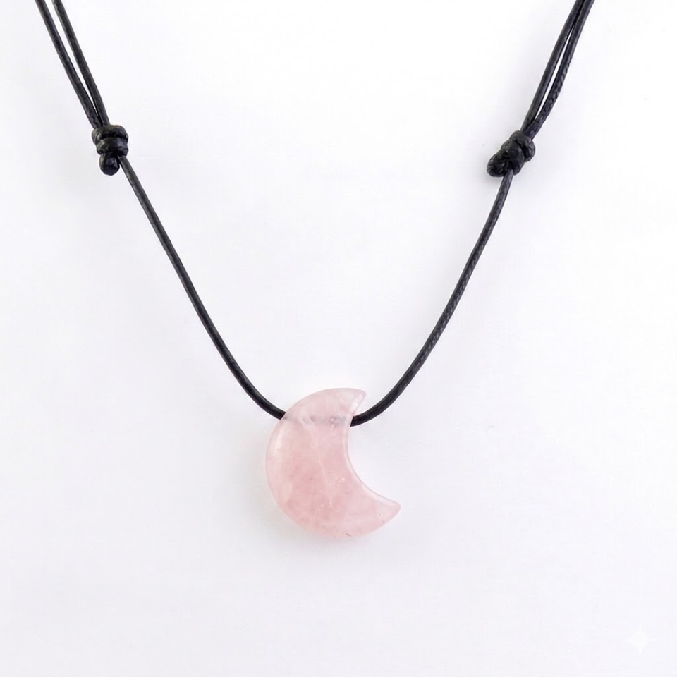 Collar Luna de Cuarzo Rosa Natural Ajustable (25x20 mm) | Amor, Paz y Sanación Emocional Esotergia