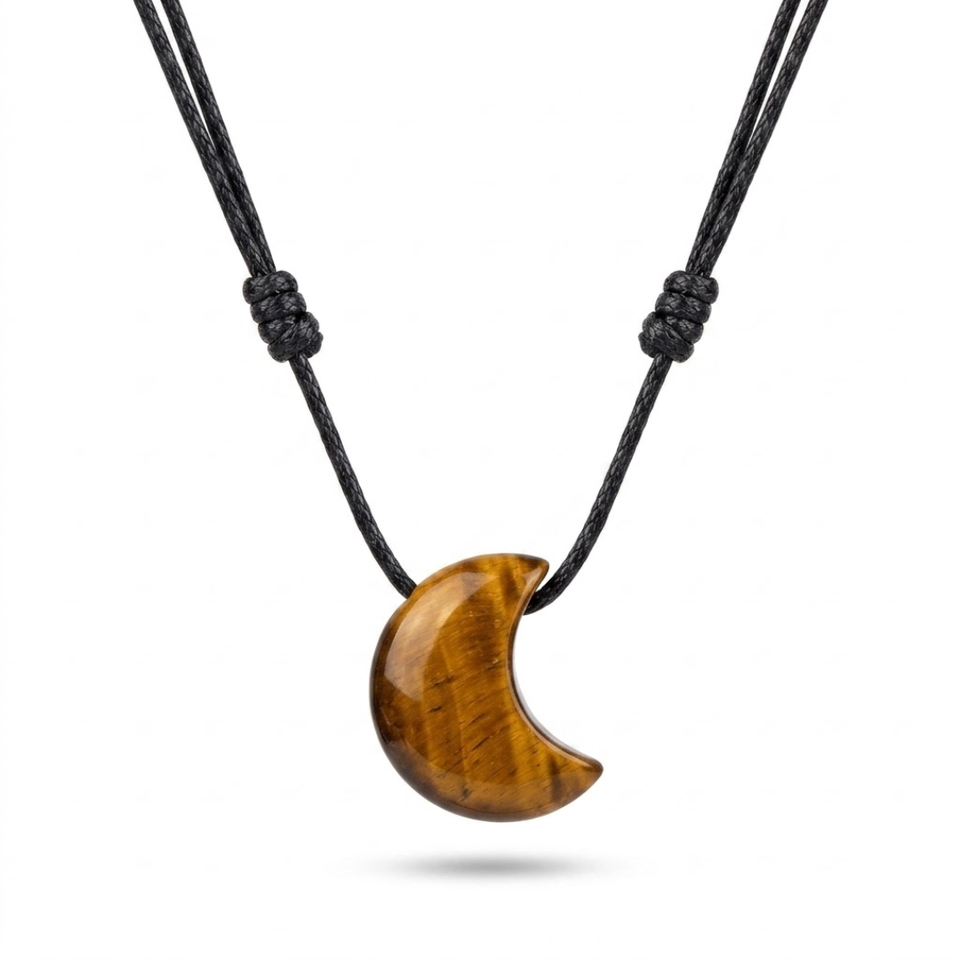 Collar Luna de Ojo de Tigre Natural Ajustable (25 x 20 mm) | Protección, Valor y Éxito Esotergia