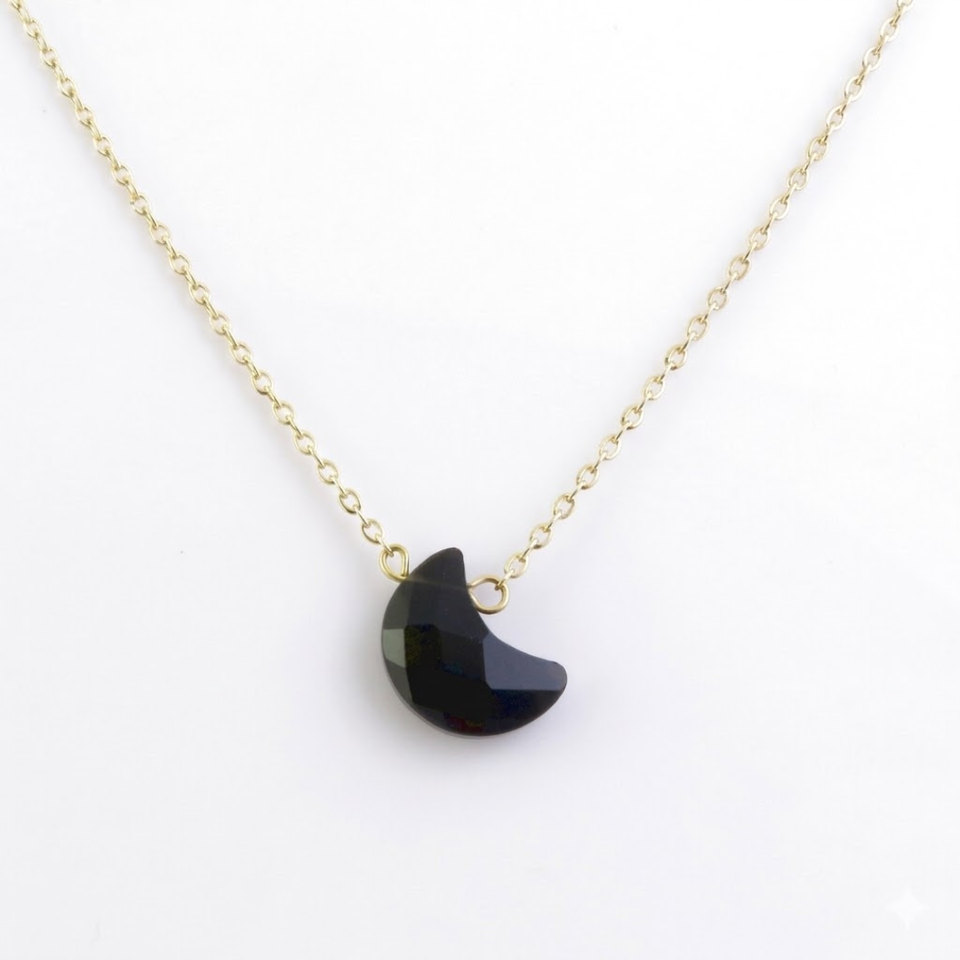 Collar Luna Facetada Ónix Negro (15 x 11 mm) | Acero Inoxidable (42 + 5 cm) | Protección y Fuerza Esotergia