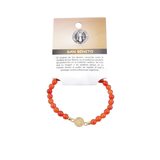 Pulsera Elástica de Carneola Natural (6 mm) con Dije San Benito Dorado | Acero Inoxidable Esotergia