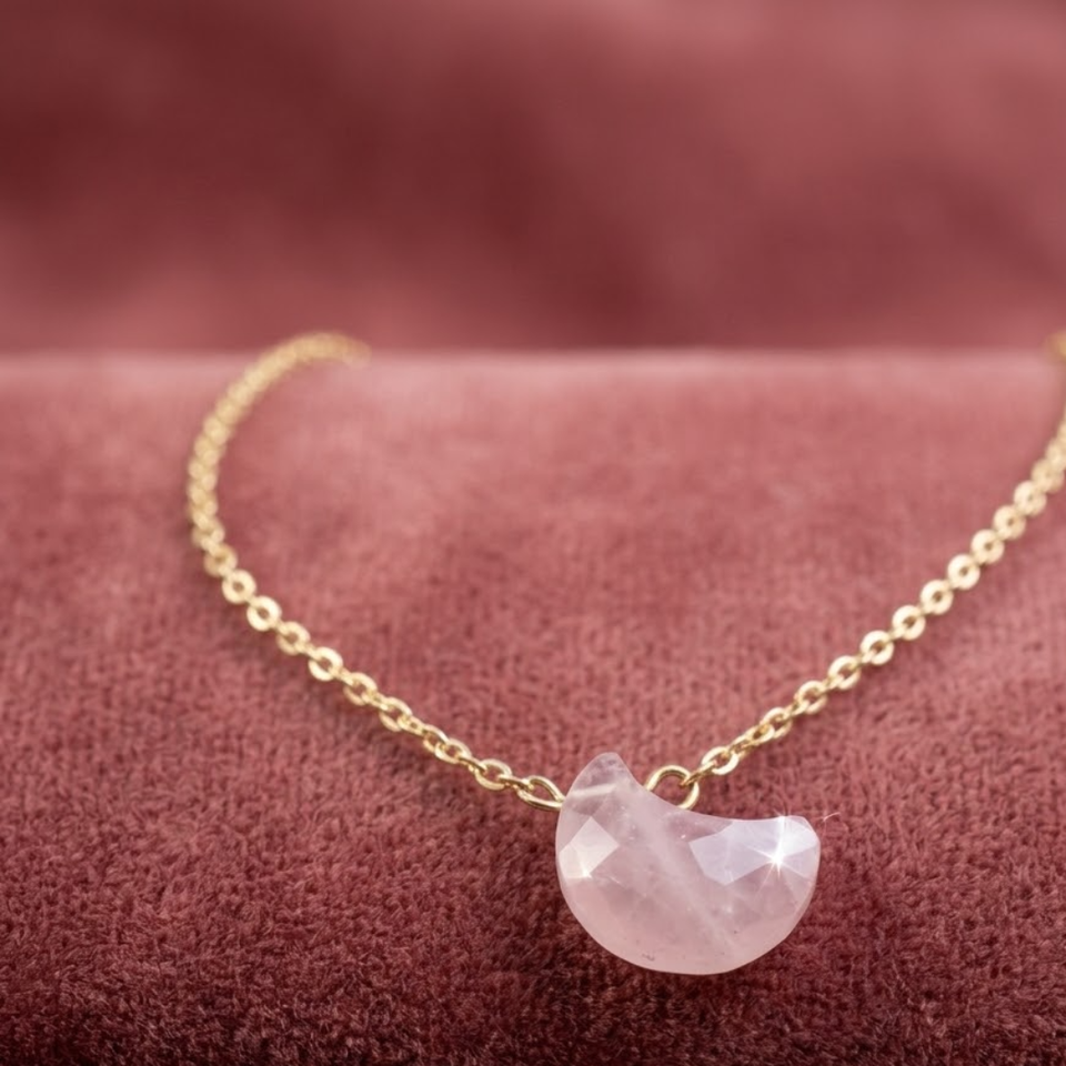 Collar Luna Facetada de Cuarzo Rosa | Cadena de Acero Inoxidable Esotergia