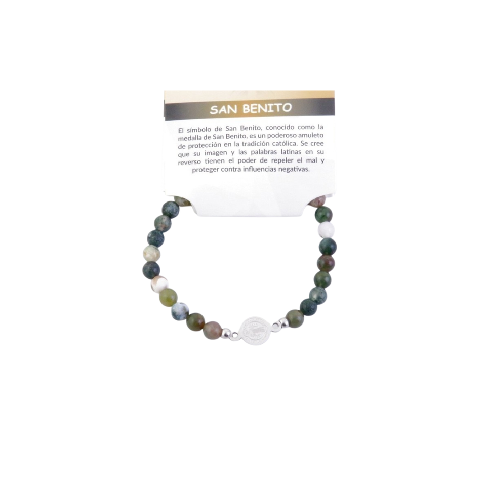 Pulsera Elástica de Ágata India (6 mm) con Dije San Benito | Acero Inoxidable Esotergia