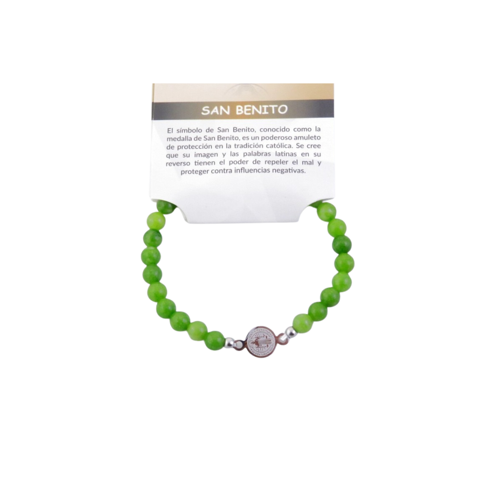 Pulsera Elástica de Olivino Natural (6 mm) con Dije San Benito | Acero Inoxidable Esotergia