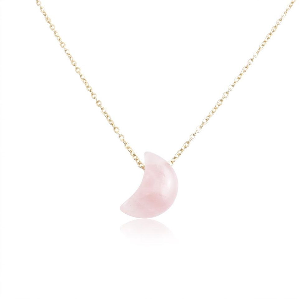 Collar Luna de Cuarzo Rosa Natural y Acero Inoxidable (42+5cm) | Amor, Paz y Sanación Emocional Esotergia