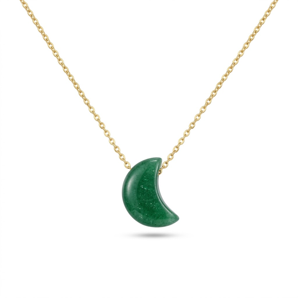 Collar Luna de Aventurina Verde Natural y Acero Inoxidable (42+5cm) | Prosperidad, Suerte y Bienestar Esotergia