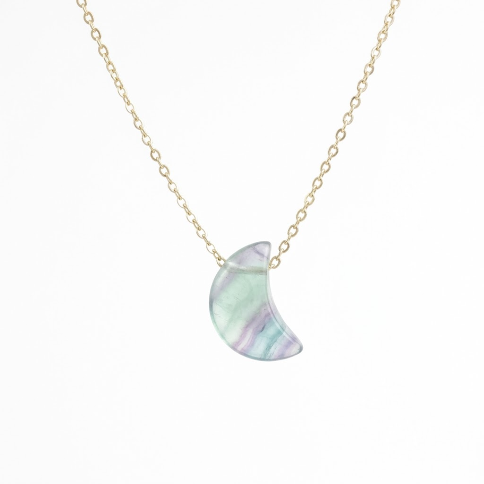 Collar Luna de Fluorita Natural y Acero (42+5cm) | Claridad Mental, Orden y Protección Esotergia
