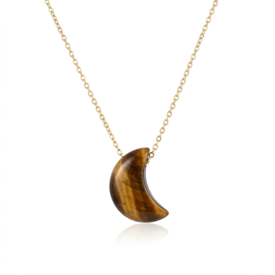 Collar Luna de Ojo de Tigre Natural y Acero (42+5cm) | Protección, Coraje y Confianza Esotergia