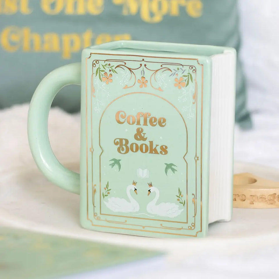 Taza Verde con Forma de Libro – Coffee and Books (450ml) Esotergia