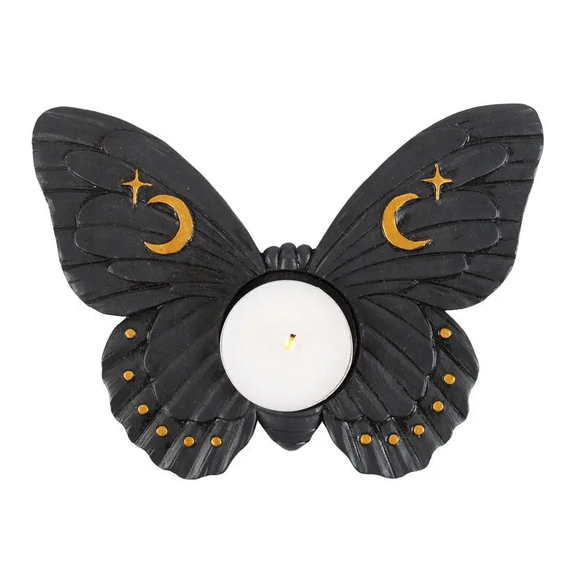 Portavelas Polilla Negra con Luna y Estrellas Doradas – Estilo Místico - Esotergia Tienda