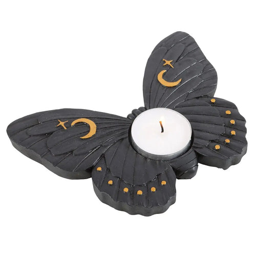 Portavelas Polilla Negra con Luna y Estrellas Doradas – Estilo Místico - Esotergia Tienda