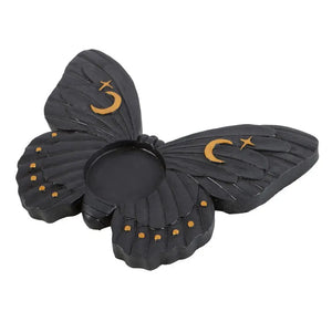 Portavelas Polilla Negra con Luna y Estrellas Doradas – Estilo Místico - Esotergia Tienda