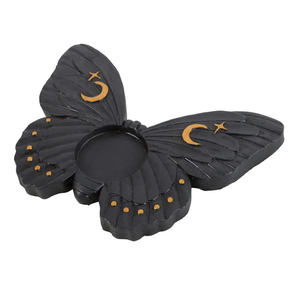 Portavelas Polilla Negra con Luna y Estrellas Doradas – Estilo Místico - Esotergia Tienda