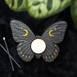 Portavelas Polilla Negra con Luna y Estrellas Doradas – Estilo Místico - Esotergia Tienda