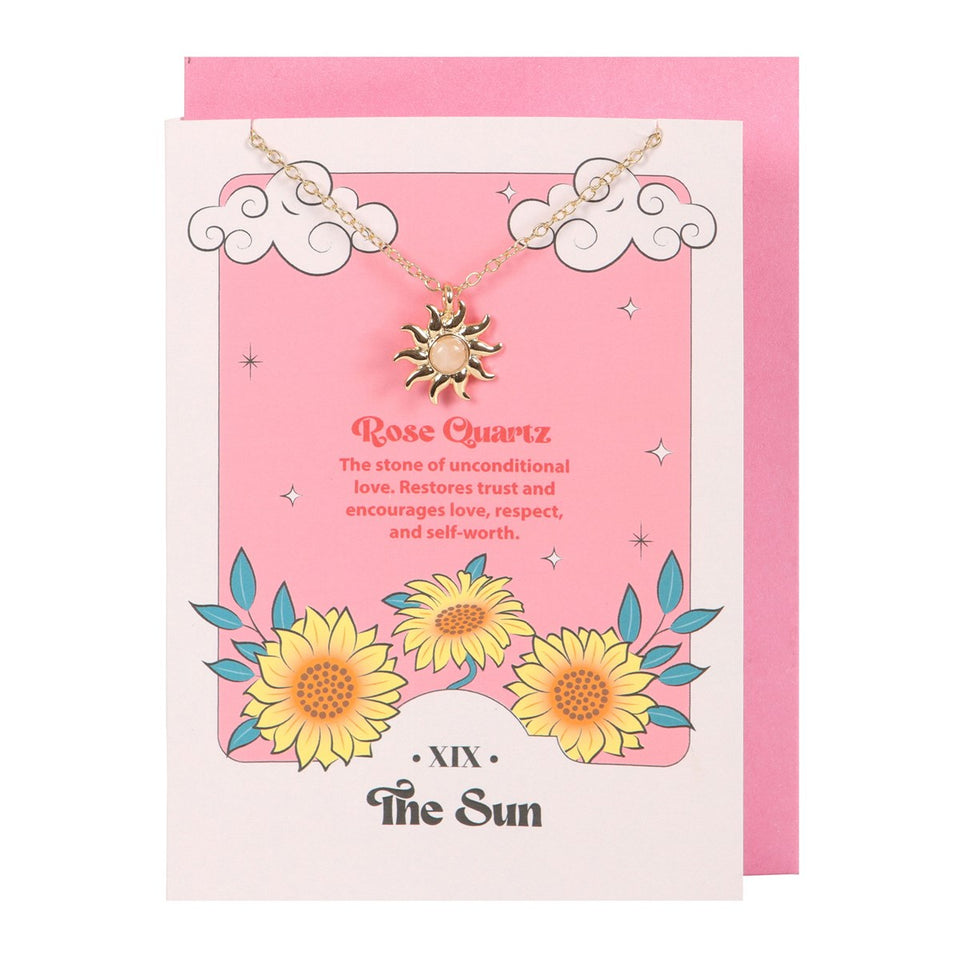 Collar Sol Celestial de Cuarzo Rosa con Tarjeta de Felicitación | Tarot Esotergia