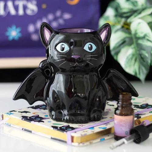 Quemador de Aceites y Ceras Aromáticas – Bat Cat Gótico con Alas de Murciélago | Oil Burner & Wax Warmer Esotergia