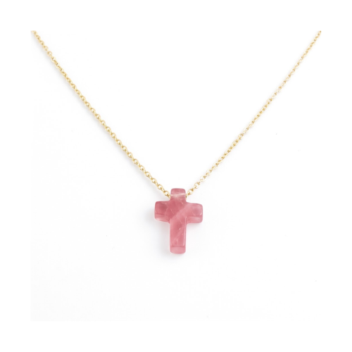 Collar con Cruz de Cuarzo Rosa Natural | Acero Dorado Esotergia