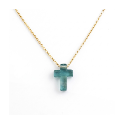 Collar con Cruz de Fluorita Natural | Acero Inoxidable Esotergia