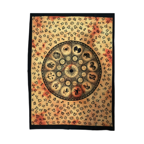 Tapiz Rueda Zodiacal y Sol de Algodón (120x75 cm) | Paño de Altar y Tarot Astrológico Esotergia