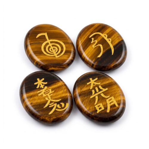Pack 4 Runas Ojo de Tigre con Símbolos de Reiki Dorados | Set Sanación Energética (30x24mm) Esotergia