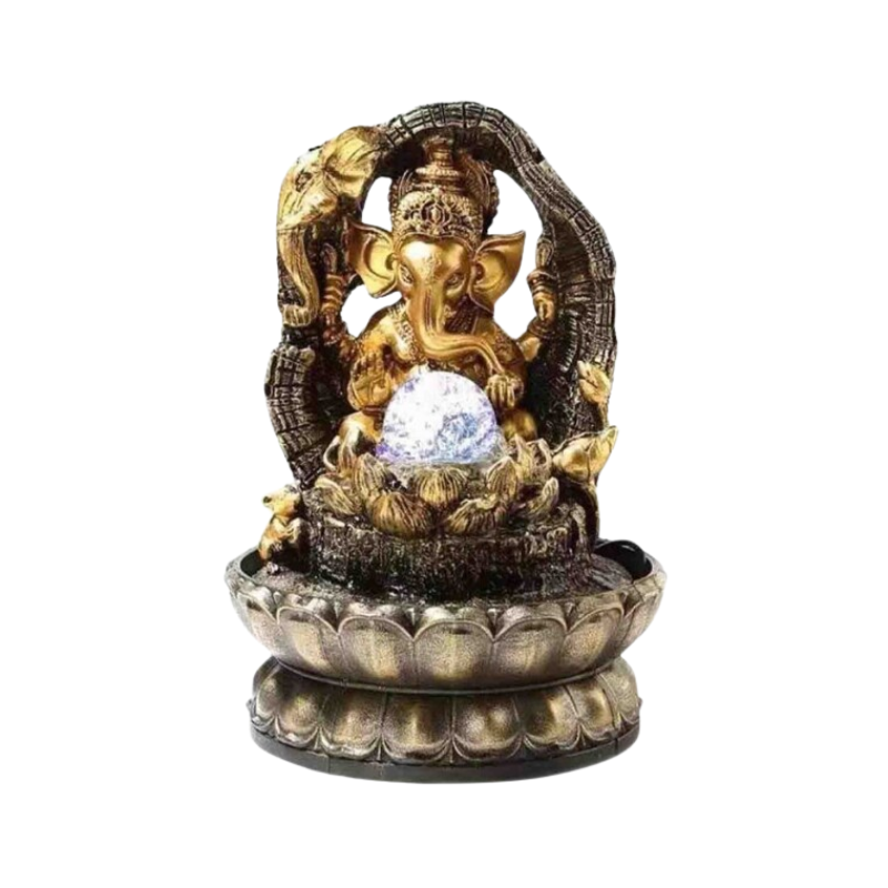 Fuente de Agua Ganesha Dorada con Esfera Iluminada (28.5 cm) | Feng Shui y Abundancia Esotergia Tienda
