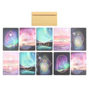 Cartas de Afirmación Etéreas con Soporte de Madera – Set de 10 Mensajes