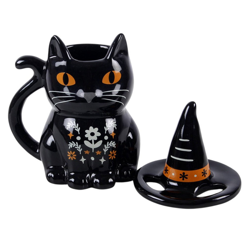 Taza con Tapa "Gato Negro" y Sombrero de Bruja | Magia y Confort Otoñal Esotergia