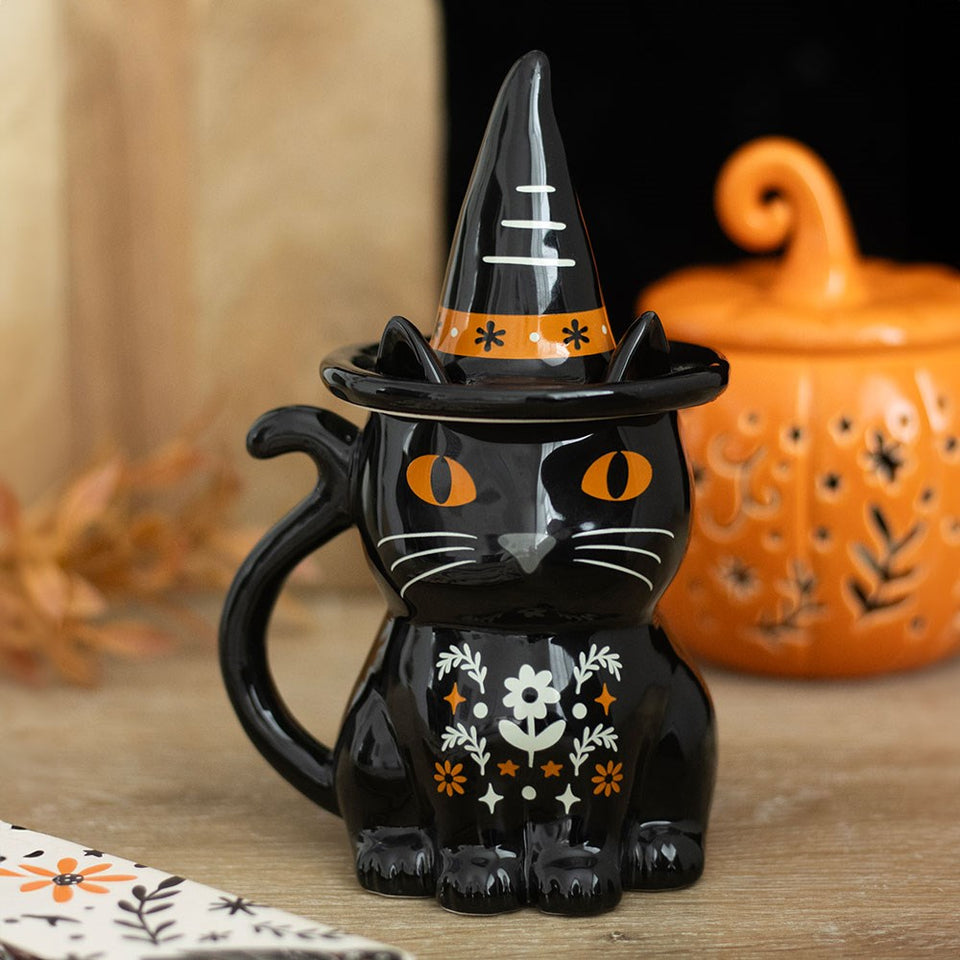 Taza con Tapa "Gato Negro" y Sombrero de Bruja | Magia y Confort Otoñal Esotergia