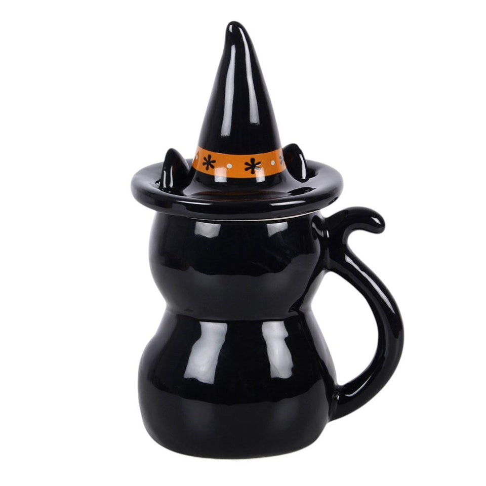 Taza con Tapa "Gato Negro" y Sombrero de Bruja | Magia y Confort Otoñal Esotergia
