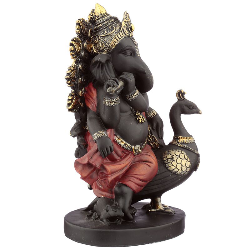 Figura Ganesh con Flauta y Pavo Real 20.5cm - Armonía, Creatividad y Buena Fortuna