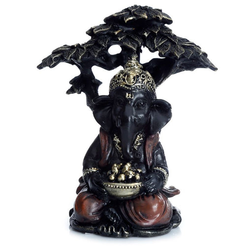 Figura Ganesh Negro y Dorado Sentado Bajo el Árbol - Serenidad y Sabiduría