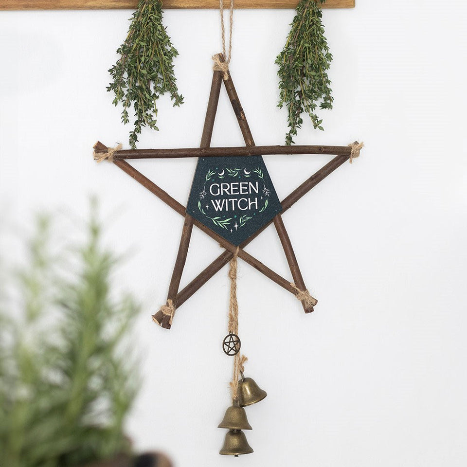 Pentagrama Colgante "Green Witch" con Campanillas | Protección y Magia Natural Esotergia Tienda