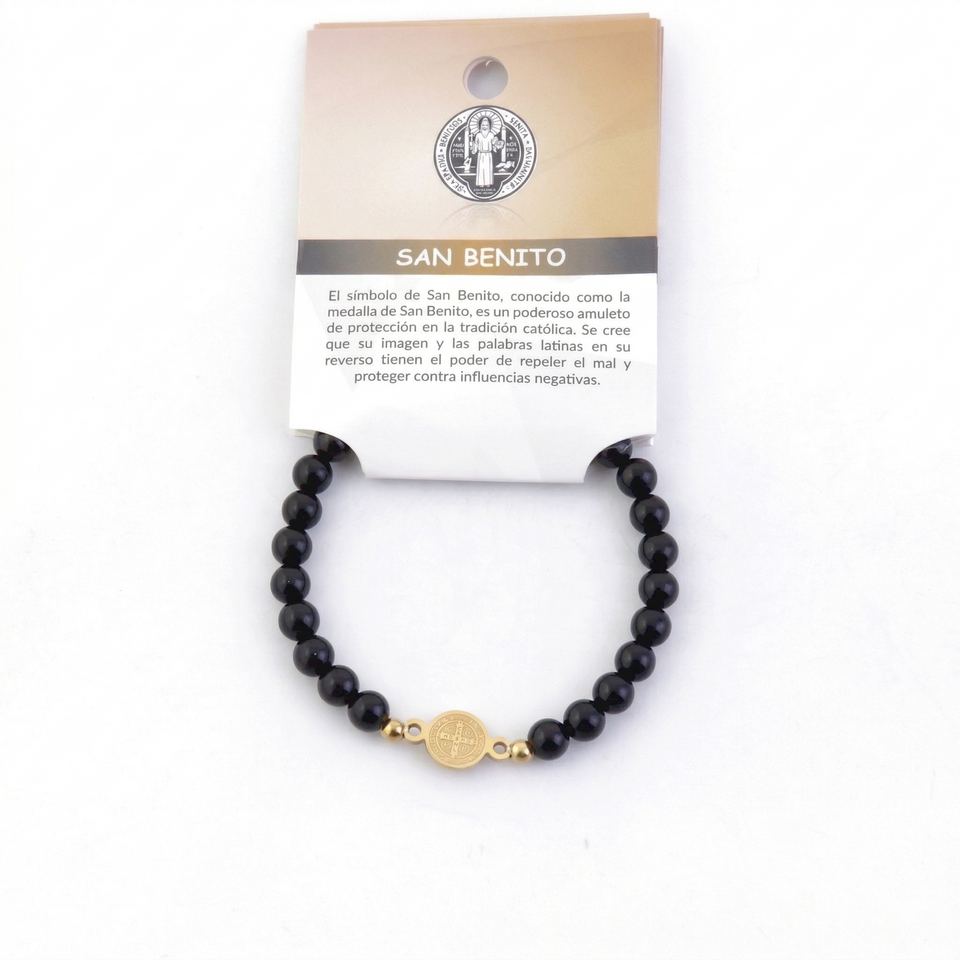 Pulsera Elástica de Obsidiana Negra (6 mm) con Dije San Benito Dorado | Acero Inoxidable | Trendz Esotergia