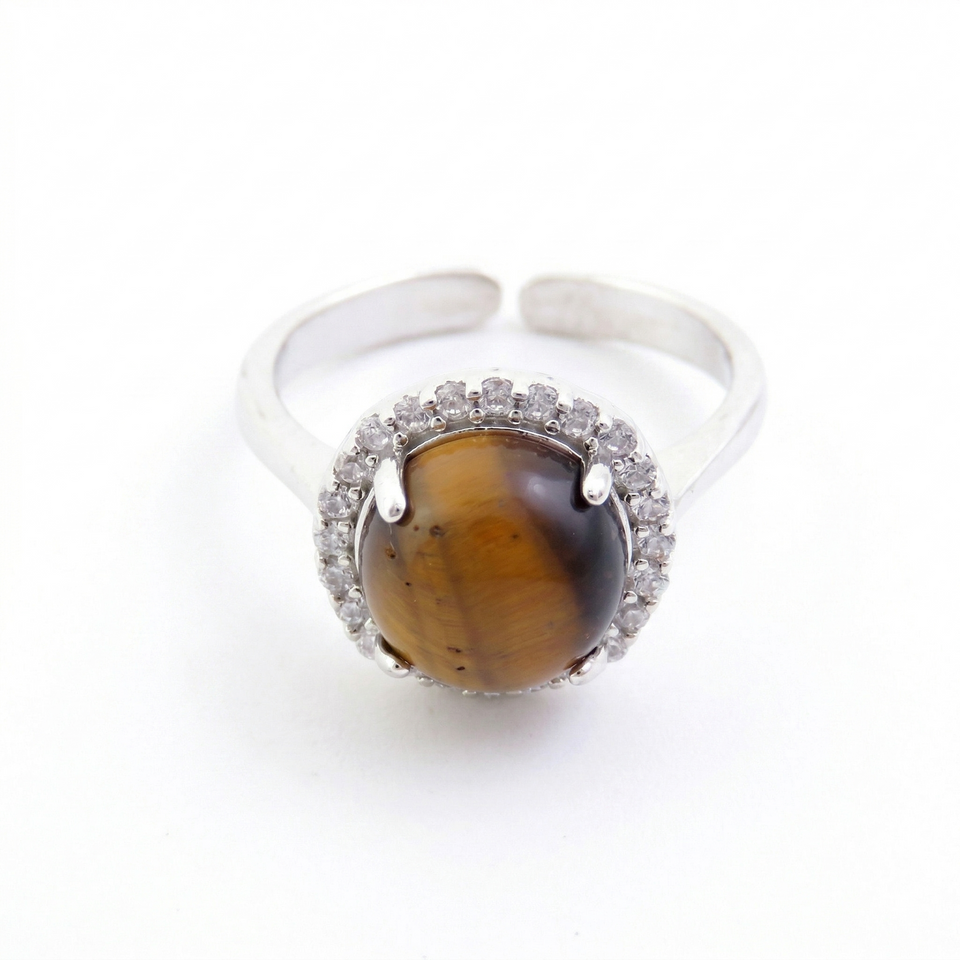 Anillo Ajustable Ojo de Tigre (14 mm) y Circonitas | Protección, Coraje y Brillo Elegante Esotergia