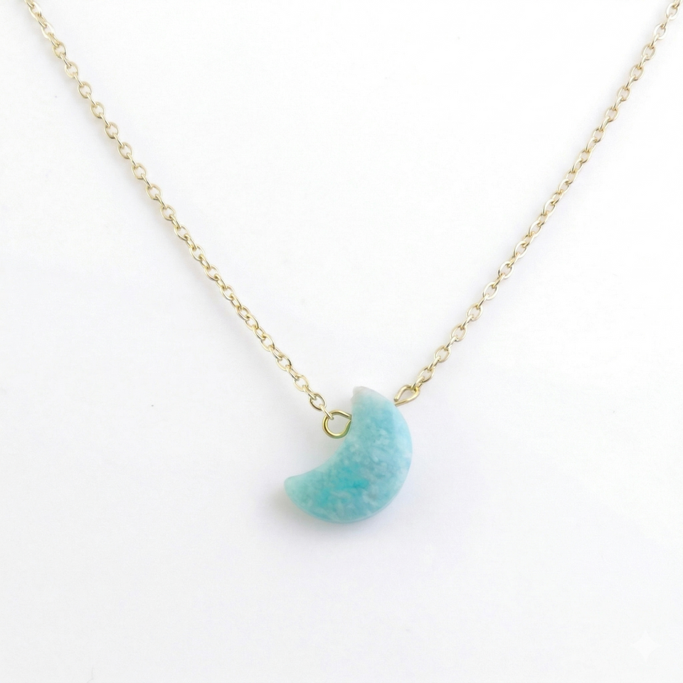 Collar Luna Facetada Amazonita (15 x 11 mm) | Acero Inoxidable (42 + 5 cm) | Comunicación y Calma Esotergia